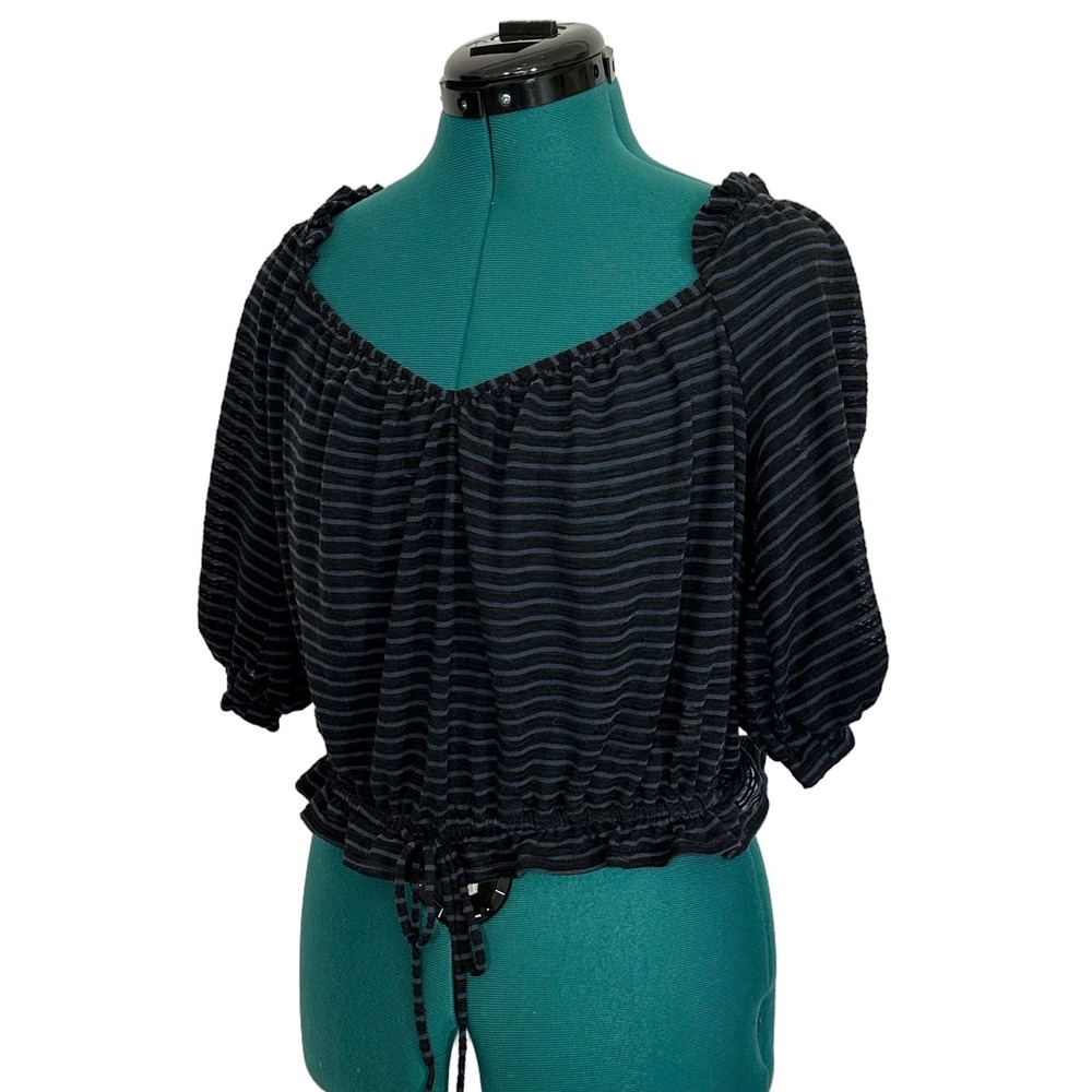 Free People Peasant Blouse Striped Off Shoulder Medium Black Blue Boho Crop Top - Picture 3 of 8